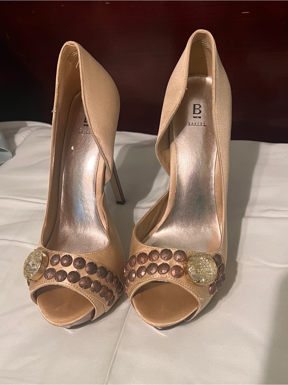Bakers Nude/Tan Embellished Peep-Toe Stiletto Heels